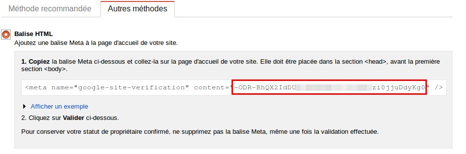 Référencement search console code de validation